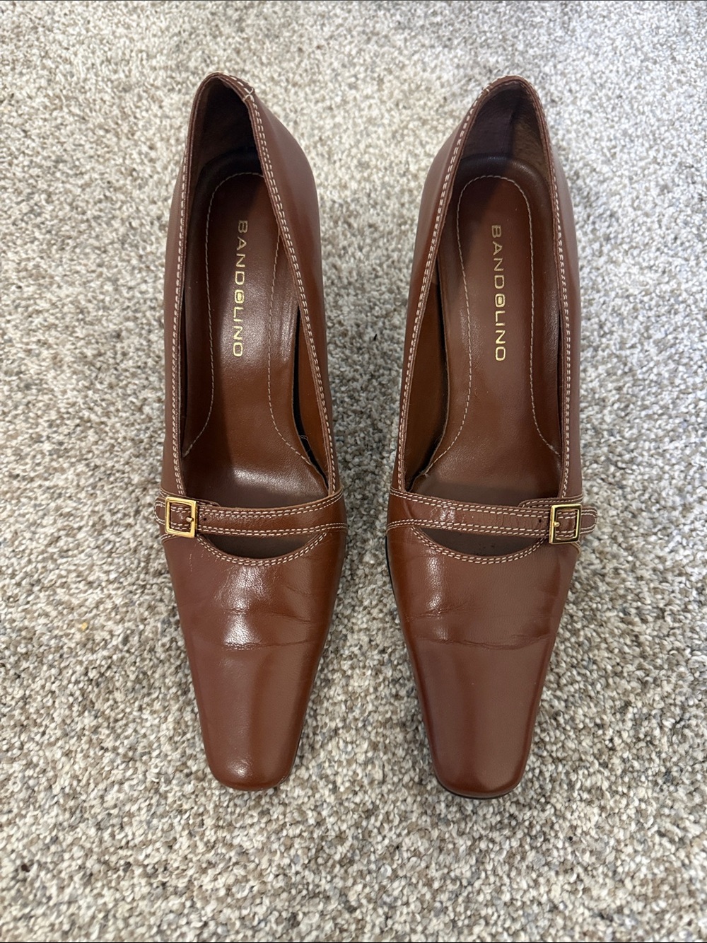 Bandolino Brown Leather Square-Toe Heels with Gold Buckle